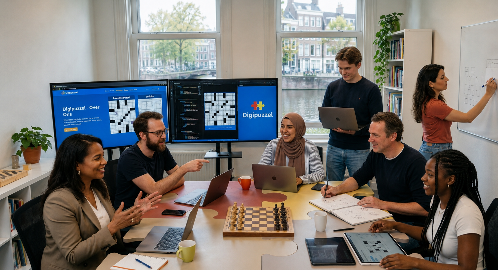 Het Digipuzzel-team aan tafel in het kantoor in Amsterdam